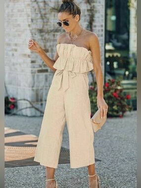 Strapless Ruffle Tie-Waist Jumpsuit in Light Beige